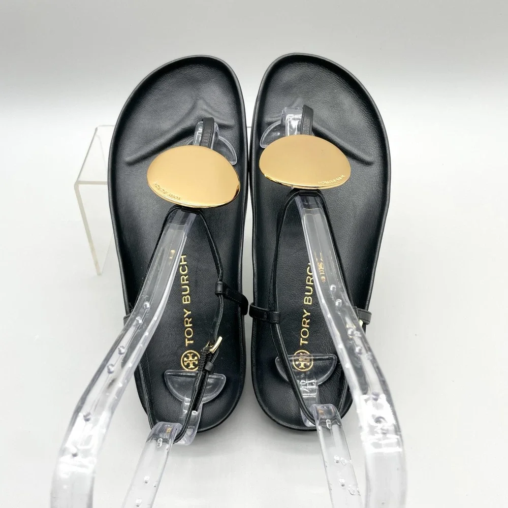 Tory Burch Patos Disk Sandals Womens 7.5 Black Leather Thong Slingback Flat Shoe
